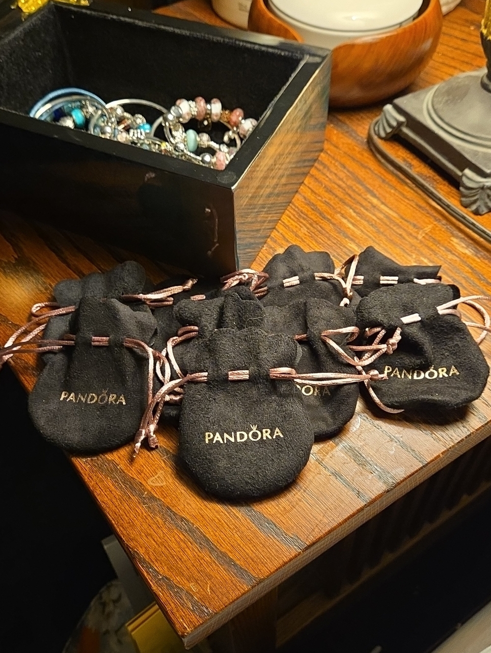 Pandora Black Velvet Pouches with Gold Logo and Rose-Gold Drawstrings